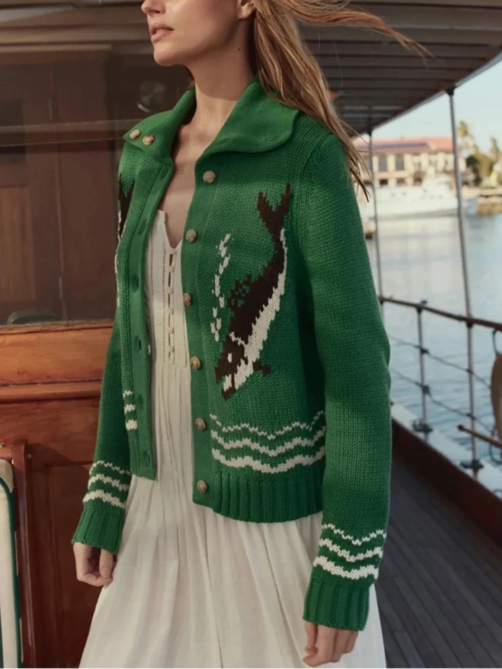 THE GREAT. THE BASS CARDIGAN Green Knit 100% Cotton - Size 1